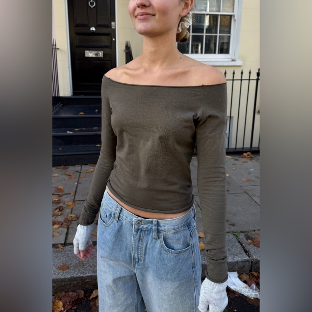 Brandy Melville Bonnie Off-Shoulder Olive Long Sleeve Top